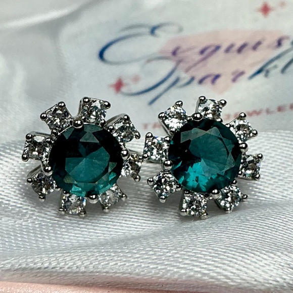 Teal Green  CZ Diamond Halo Stud Earrings